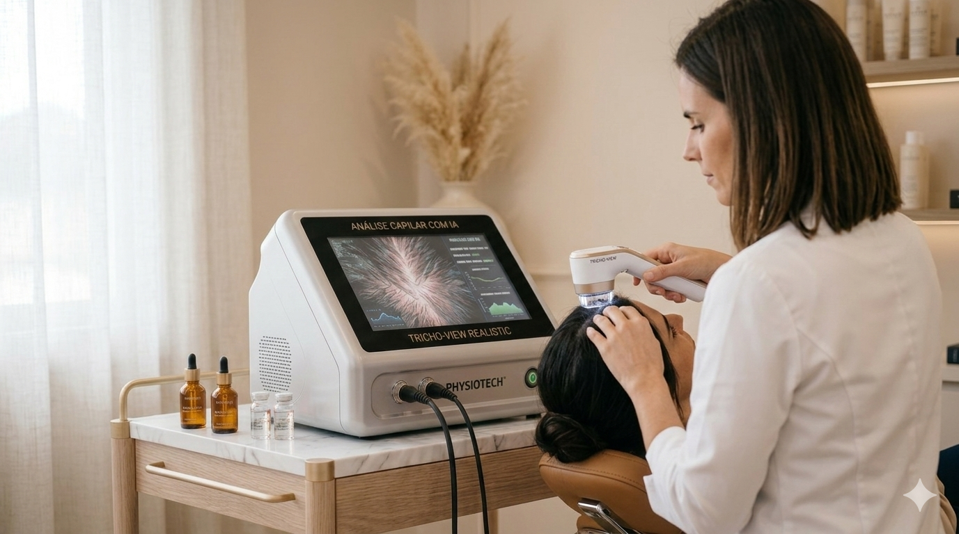 Interface de software de inteligência artificial realizando análise avançada do couro cabeludo
